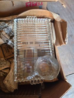 Clear Glass Beaded Tray and Cup Set