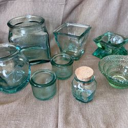 Assorted Green Glass Decor & Kitchen Pieces