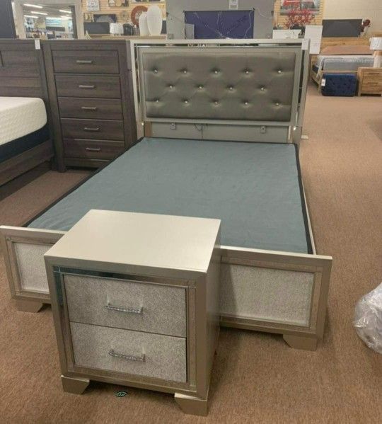 Best Deal - $39 Down👍Lonnix Silver Queen LED Upholstered Panel Bed