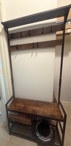 Entryway hall tree bench brown black (like new)