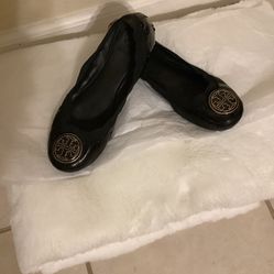 Tory Burch Caroline Black  Patent Leather Ballets Flats Gold