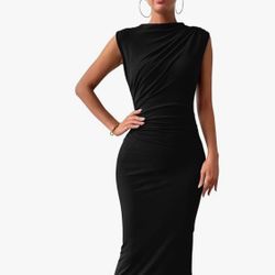 BTFBM Women's Ruched Bodycon Dress Summer Casual Sleeveless Back Slit Elegant Club Evening Party Cocktail Maxi Dresses