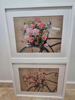 Pair of Framed Vintage Bicycle Floral Burlap Prints ($30 for the set)