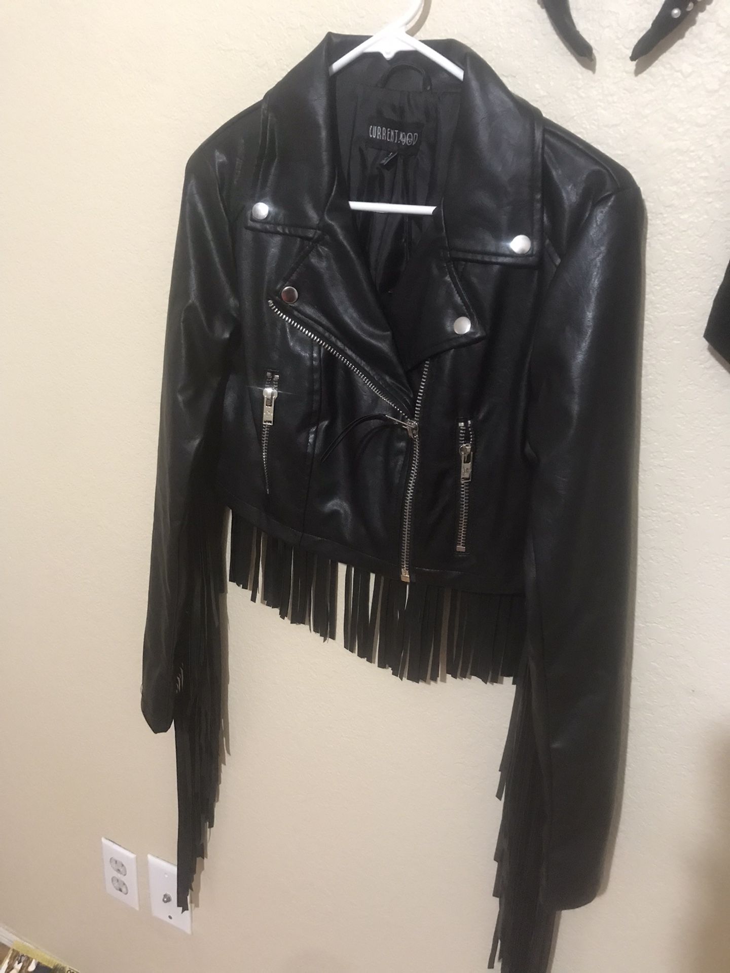 Brand New Leather Jacket Cropped Biker Jacket With Fringe Tassels 