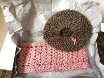 Princess pink infinity scarf with soft brown hat and breast cancer pink pendant