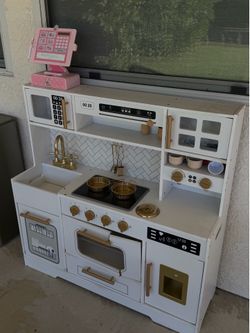 Kids Wooden Play Kitchen Set White and Gold