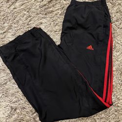 Adidas Pants Mens Large Black Red Track Zip Ankles Mesh Lined 3 Stripe