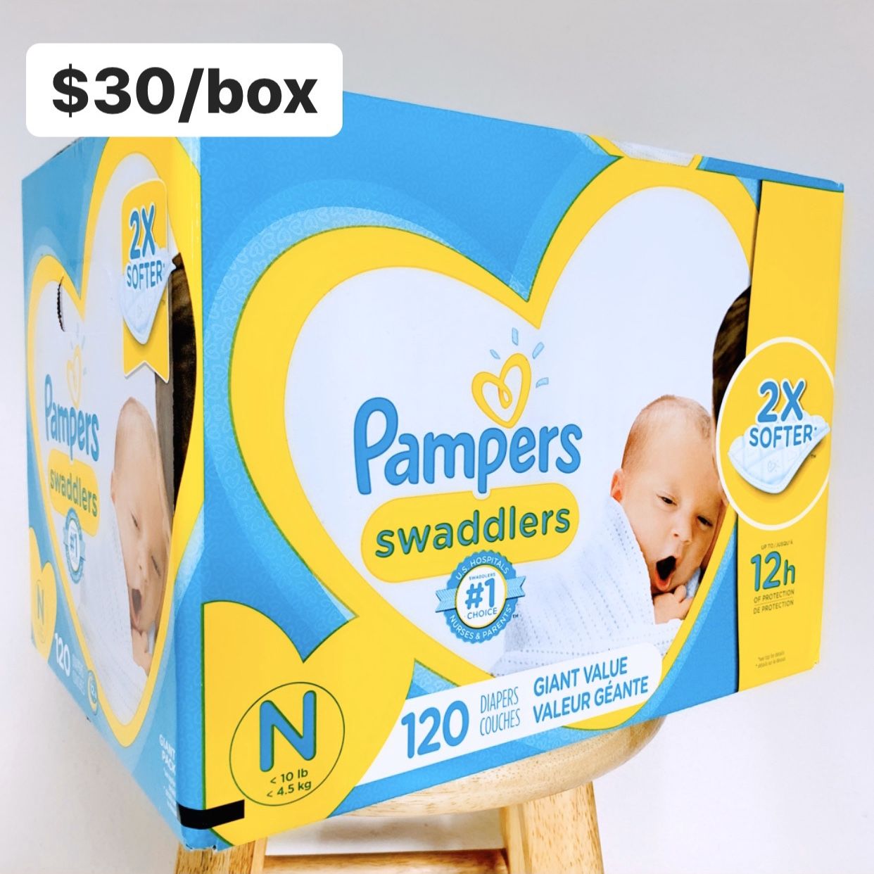 Newborn (Up to 10 lbs) Pampers Swaddlers (120 diapers) - $30/box