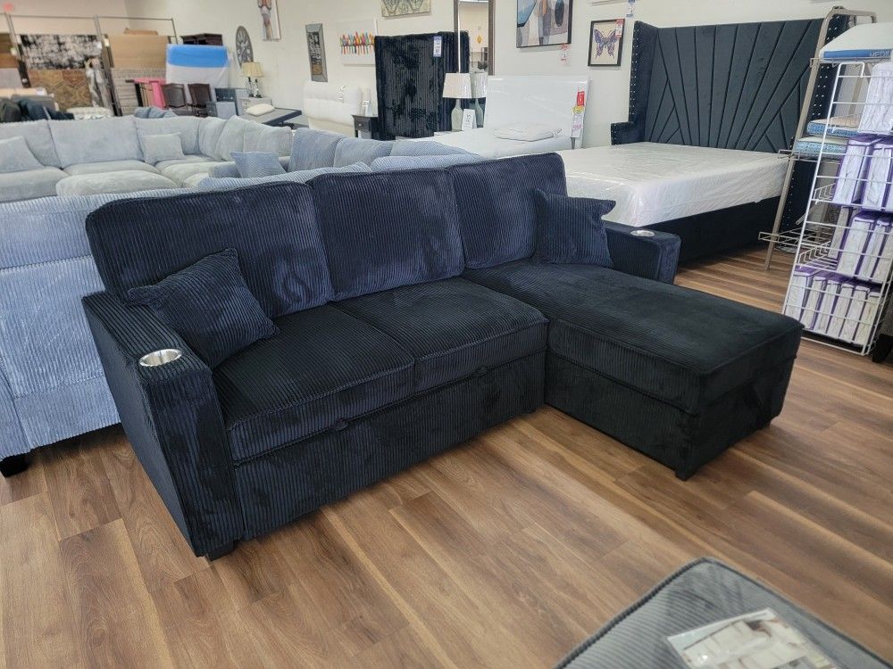 New Arrival, 2pc Black Corduroy Sleeper Sectional, With Usb And Cup Holders