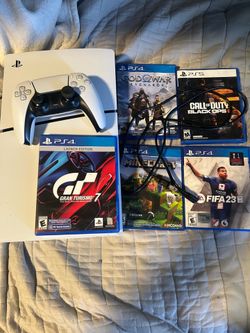 Ps5 Slim with 5 games, power chord, and controller