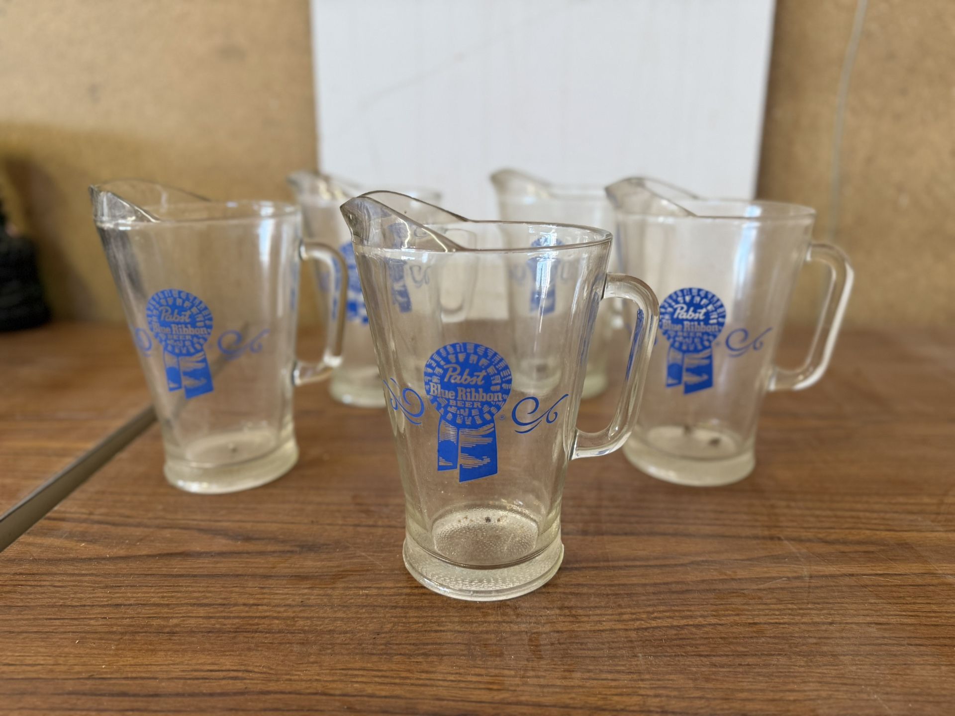 Set of 5 Antique Pabst Blue Ribbon Glass Pitchers - PBR