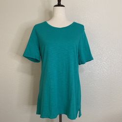 Chico's The Ultimate Tee Green Button-Back Short Sleeves Top, Sz Medium