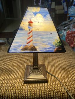 14” Tiffany Style Glass Lighthouse/ Ocean Desk Lamp
