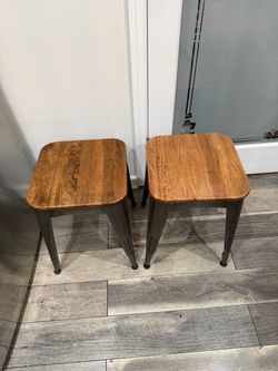 Set of 2 Industrial Wood Top Metal Stools