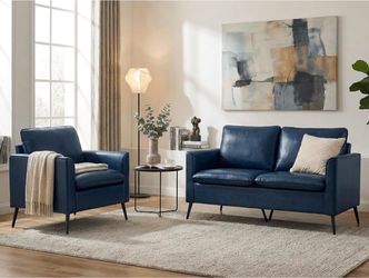 Blue Leather Loveseat and Armchair Set