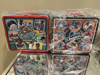 Lot 2 Vintage Los Angeles Dodgers Farmer John SGA Metal Lunch Boxes 1999 & 2001