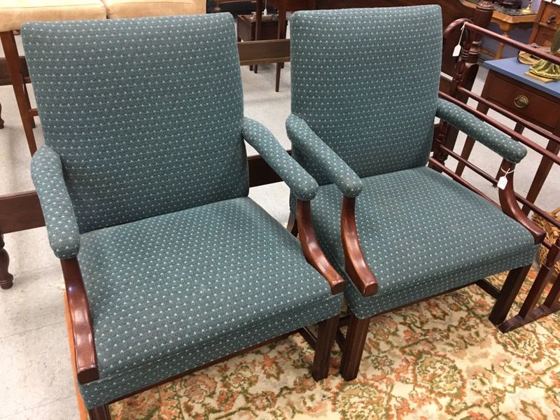 Pair comfortable arms chairs, sturdy mahogany frame