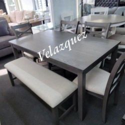 ✅️✅️ 6 pc grey finish wood dining table set padded seat  chairs and bench ✅️ 