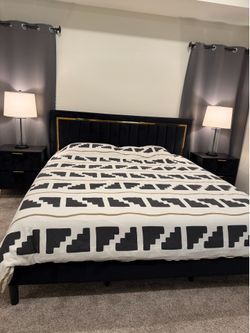 Black Velvet king bed with 2 nightstands and dresser