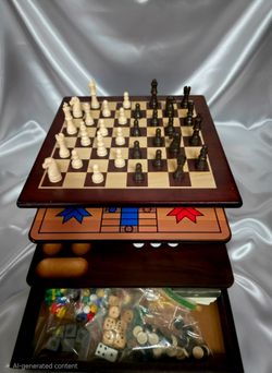 Vintage Wooden Game Center: Handmade Chess Board, Slide-Out Tables