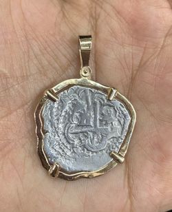 Atocha silver coin pendant in 14k gold bezel