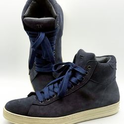 Tom Ford Men’s Navy Blue Suede Leather Details High Tops Sneakers Shoes Size 10.5