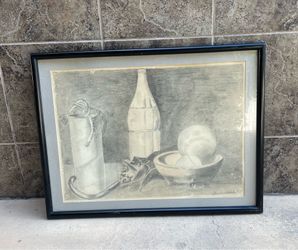 Vintage Original Baseball Still Life Pencil Drawing by James Whitehead – Framed Art