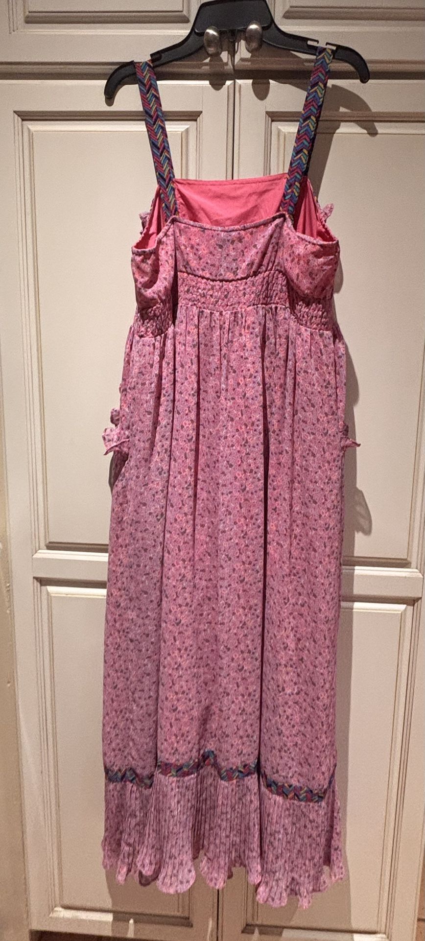 I Heart Robson long pink sundress with ruffles front pockets adj straps and inner lining Size XS but can fit someone Size S or Size M