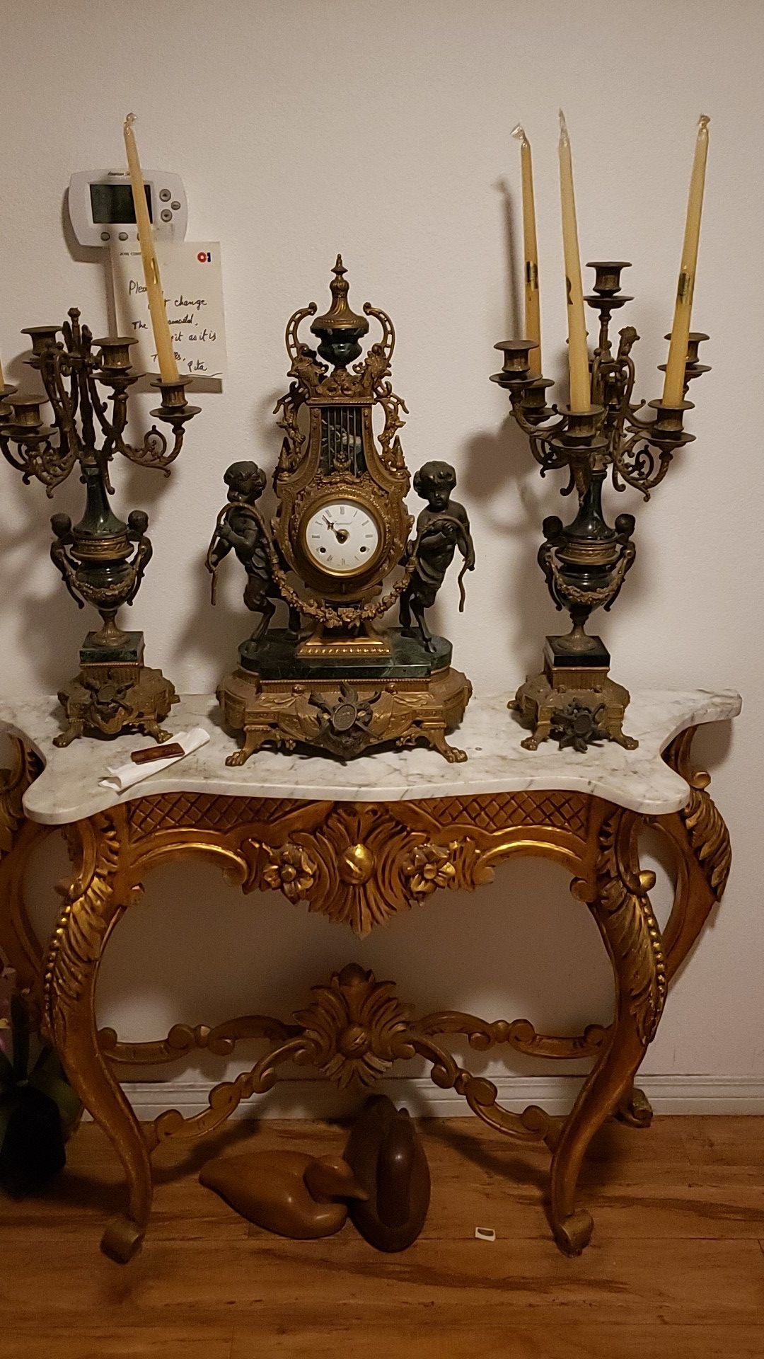 BREVATO, ATO BRASS AND MARBLE CLOCK AND CANDELABRAS
