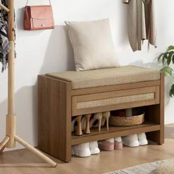 SR004A1XBNY1315 new in box Rattan Shoe Bench Entryway Bench with Storage Drawer and Linen Seat Cushion, Farmhouse Boho Shoe Rack Bench with Shelf, Woo