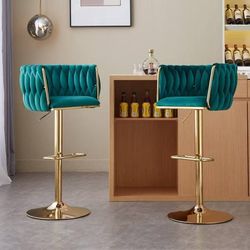Velvet Swivel Bar Stools Set of 2, Counter Height Bar Stool with Woven Back, Gold Kitchen Bar Stools for Kitchen Island, Cafe, Pub, Bar Counter (Green