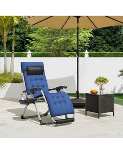 Yaheetech Zero Gravity Chair, Folding Reclining Lounge Recliner with Removable Pad & Headrest & Side Cup Holder Tray for Indoor and Outdoor Navy Blue/