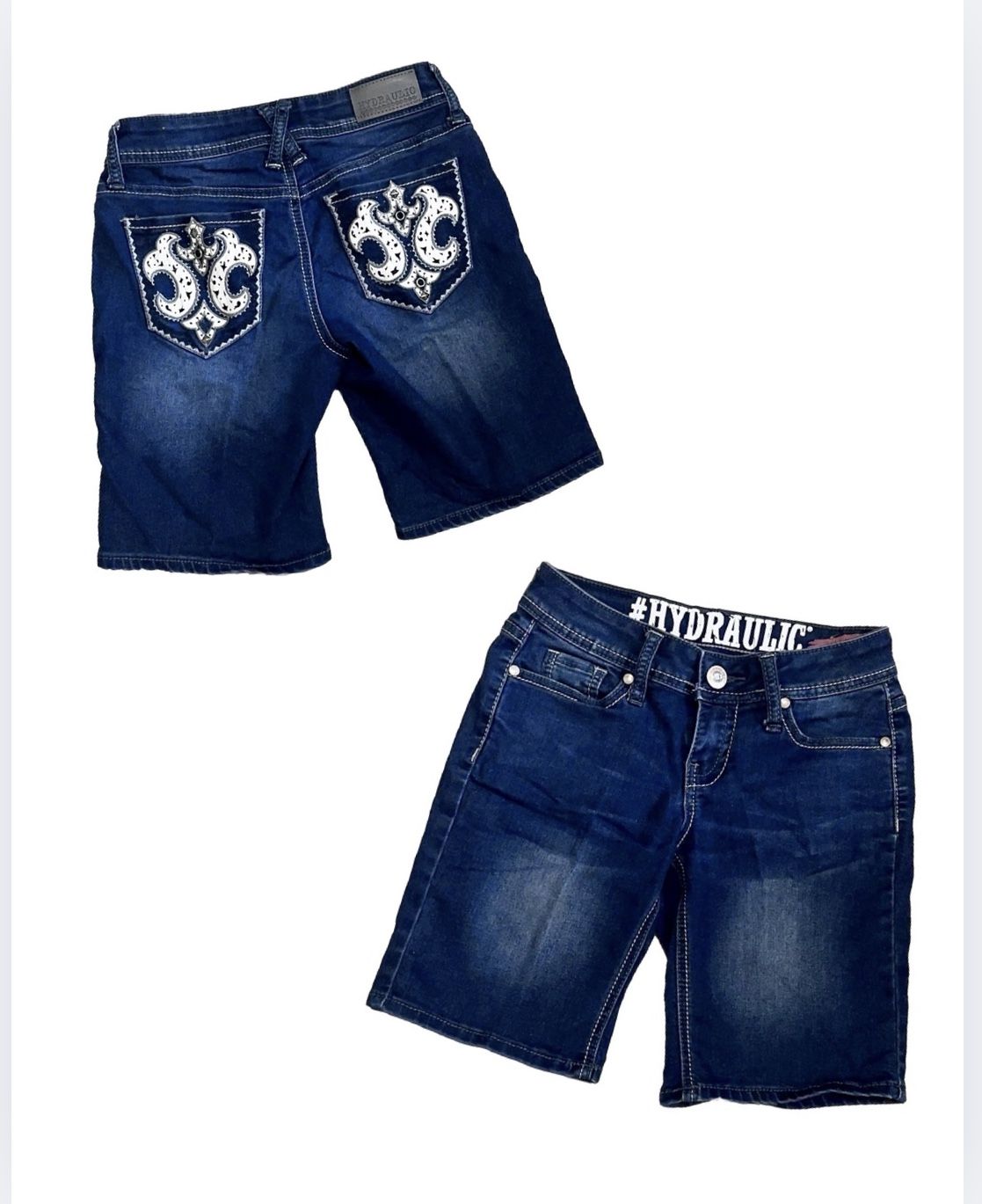 Juniors Hydraulic Jean Shorts Size 1/2 Dark Blue Denim Patched Packets MINT
