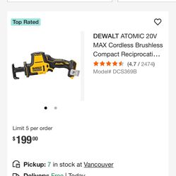 DEWALT ATOMIC 20V MAX Cordless Brushless Compact Reciprocating Saw (Tool Only)