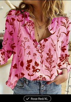 Women's Casual Loose Fit Long Sleeve Shirt - Floral Print with Red Flowers on Pink