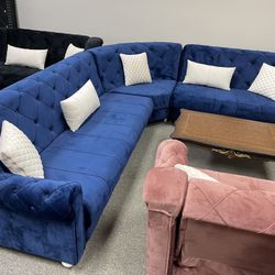 New Living Room Blue Velvet Sectional Sleeper - Delivery And Financing Available 