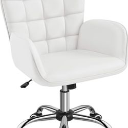 Faux Leather Office Chair Modern Vanity Chair Ergonomic Adjustable Makeup Chair with Padded Armrests Big Seat for Office, Bedroom, Living Room, White5