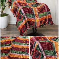 NEW Floral Woven Throw Blanket – Imported Boho / Vintage Style w/ Fringe