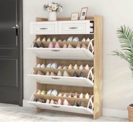 Shoe Cabinet With 3 Flip Drawers, 2 Storage Drawers, PVC Door With Shape, Entryway Shoe Storage Cabinet