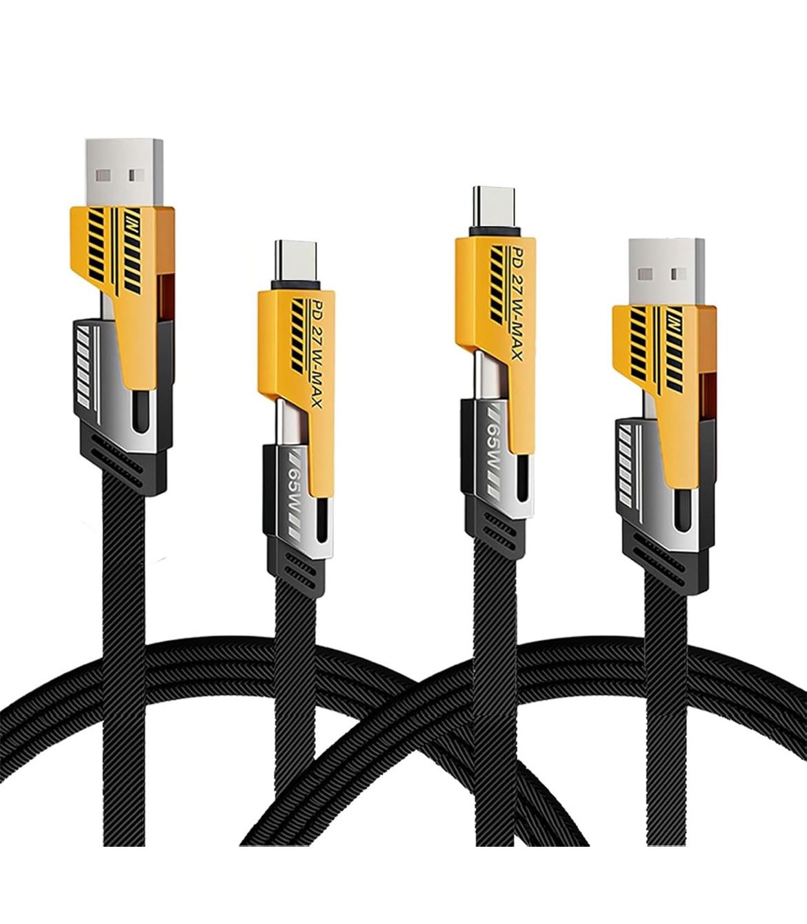 3-pack, 4-in-1 USB-C Cable, PD 65W Fast Charging Cable & Data Sync,Flat Braided Charger Cord with Type C/USB A for Laptop iPhone iPad MacBook Samsung