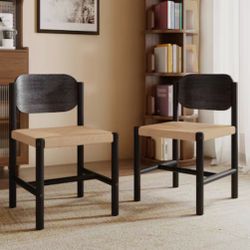 Mid-Century Modern Dining Chairs With Rope Woven Seats And Wood Frame (Set of 2)