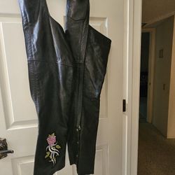 Women's Leather Motorcycle Chaps W/ Pink Rose Embroidered Design ~ Adjustable Belt For Various Waist Sizes