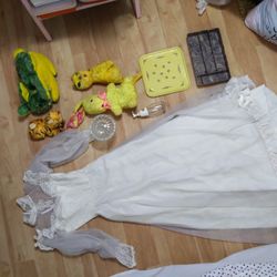 miscellaneous vintage Items , 1970 Wedding Dress , Vintage Carnival Stuffed Animals, Glassware ,And Plastic ware