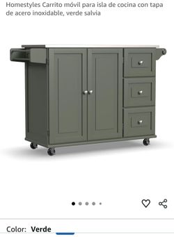 Homestyles Carrito móvil para isla de cocina con tapa de acero inoxidable, verde salvia