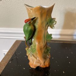 Vintage Porcelain Figurine of a Woodpecker on a Trunk 7”. Made in German
