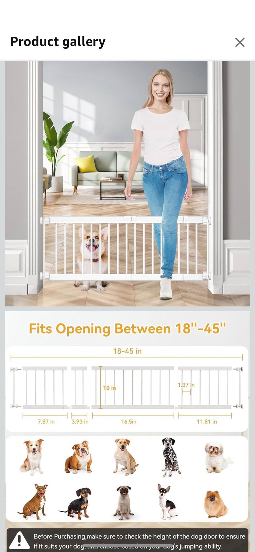 Dog Gate - 18"-45" Adjustable Extra Wide Metal Baby Gate to Step Over, 10" Tall Small Pet Gate with 3 Extension Kits, Pressure Mounted for Doorways &