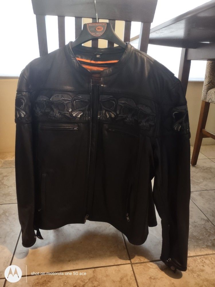 Leather Men's Jacket With Beautiful Embroidery Strip All Around Chest And Wrists. Excellent Condition, Like New.