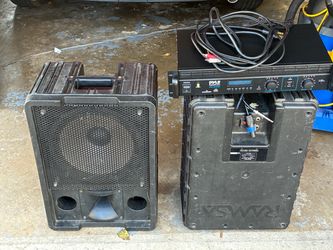 Speakers (Ramsa wa-A200) , Amp (Pyle PTA1000BT) & (2) 15’ speaker on cables