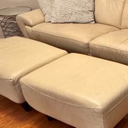 White (off White) Real Leather Sofa & Ottomans