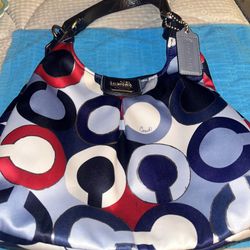 Coach Madison Maggie signature Graphic Op Art metallic red white and blue purse 